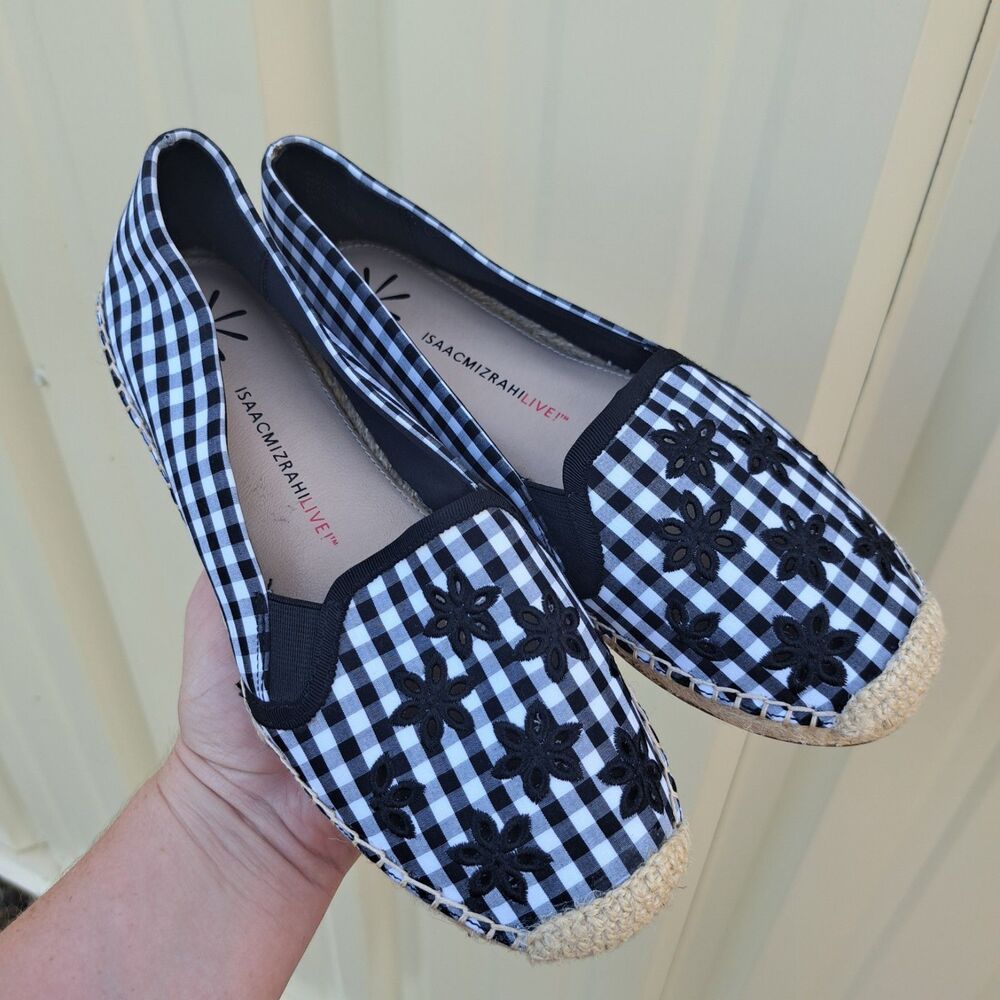 Isaac Mizrahi Live! Gingham Espadrilles Eyelet Embroidery Black White Womens 8